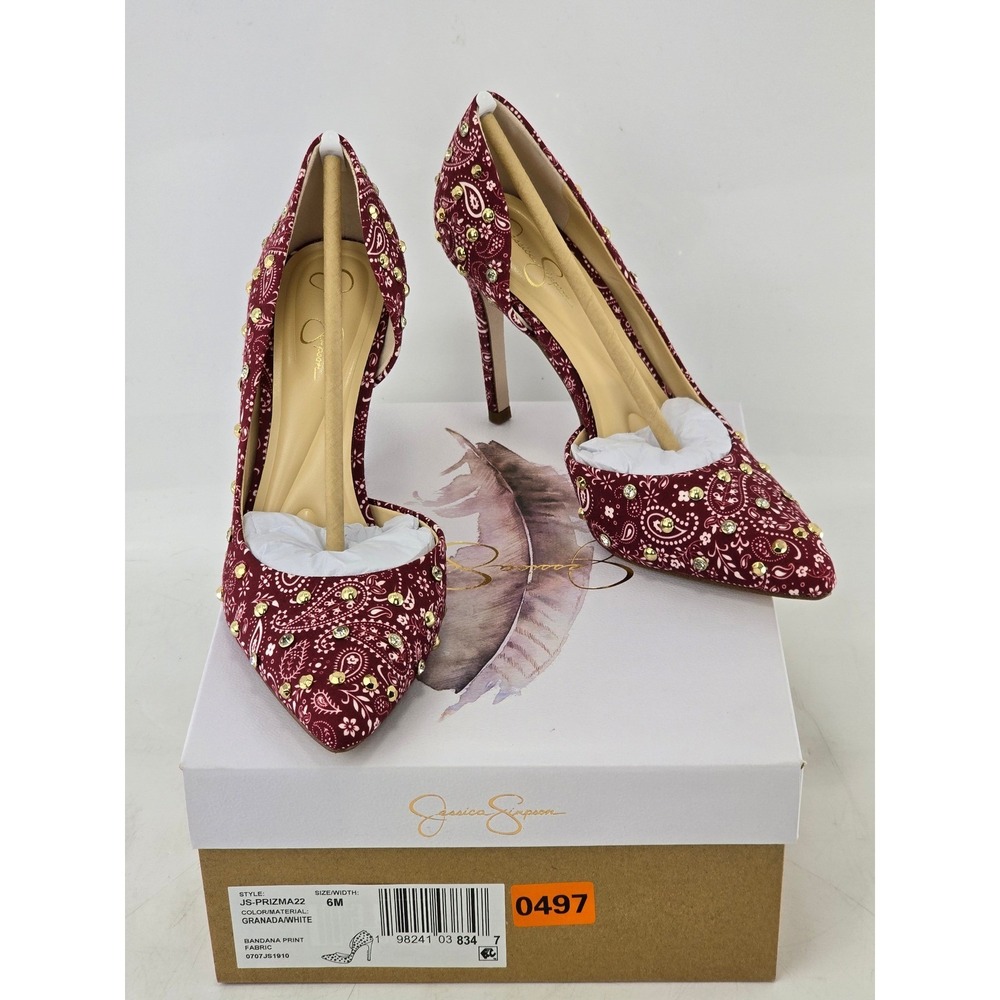 Jessica Simpson Prizma Pumps Womens 6M‎ Burgundy Bandana Studded -New